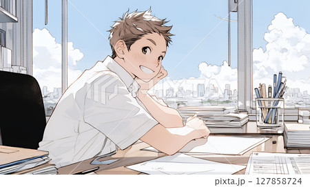 素晴らしいビジネスのアイデアが浮かんで笑顔のビジネスパーソン（シンプルな色使い）