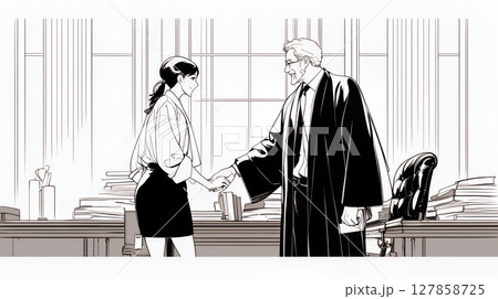 法衣を着た裁判官と握手をするビジネスウーマン（シンプルな色使い）