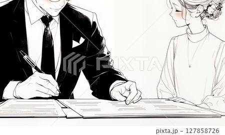 OJT：　上司から仕事の手順の説明を受けている女性社員（シンプルな色使い）
