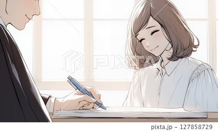 OJT：　上司から仕事の手順の説明を受けている女性社員（シンプルな色使い）