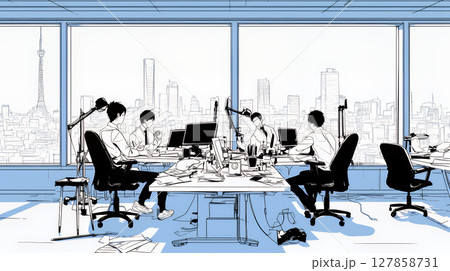 社員が働いている部署の様子（シンプルな色使い）