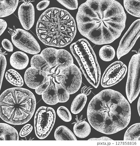 Hand Drawn Chalk Board Tomato Illustration. Retro Vegetable Vector Seamless Pattern. Old School Farm Food. Hand Drawn Chalk Board Tomato Illustration. Retro Vegetable Vector Seamless Pattern. Old School Farm Food. 127858816