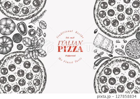 Hand Drawn Vector Pizza Illustration. Retro Pepperoni Pizza Design Template. Old School Italian Food Hand Drawn Vector Pizza Illustration. Retro Pepperoni Pizza Design Template. Old School Italian Food 127858834
