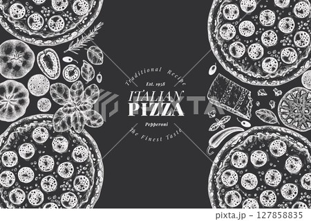 Hand Drawn Vector Pizza Illustration. Retro Pepperoni Pizza Chalk Board Design Template. Old School Italian Food Hand Drawn Vector Pizza Illustration. Retro Pepperoni Pizza Chalk Board Design Template. Old School Italian Food 127858835