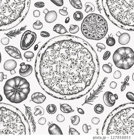 Hand Drawn Vector Pizza Illustration. Retro Mushroom Pizza Seamless Pattern. Old School Italian Food Hand Drawn Vector Pizza Illustration. Retro Mushroom Pizza Seamless Pattern. Old School Italian Food 127858853