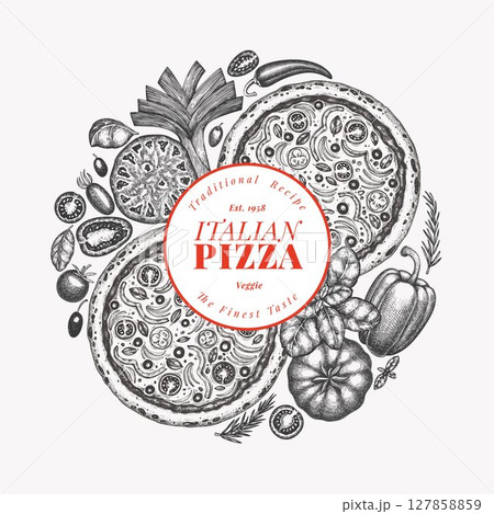 Hand Drawn Vector Pizza Illustration. Retro Vegetarian Pizza Design Template. Old School Italian Food 127858859