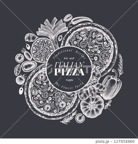 Hand Drawn Vector Pizza Illustration. Retro Vegetarian Pizza Chalk Board Design Template. Old School Italian Food 127858860