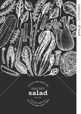 Vegetable Design Template. Vector Hand Drawn Leaf Salad Banner. Vintage Style Menu Illustration On Chalk Board. 127858863