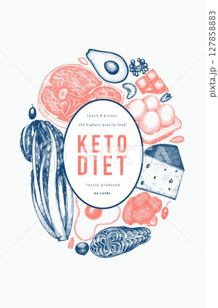 Keto Diet Design Template. Vector Hand Drawn Healthy Food Banner. Vintage Style Ketogenic Menu Illustration. Keto Diet Design Template. Vector Hand Drawn Healthy Food Banner. Vintage Style Ketogenic Menu Illustration. 127858883