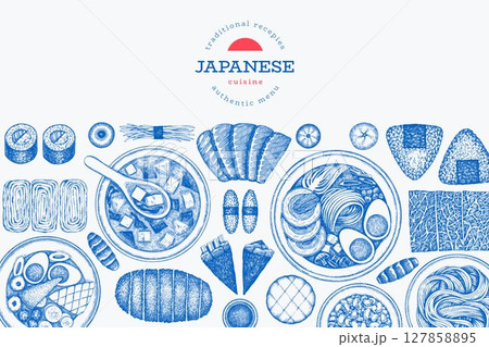 Japanese Cuisine Vector Design Template. Asian Dishes Hand Drawn Background. Retro Japan Traditional Food Illustration. Japanese Cuisine Vector Design Template. Asian Dishes Hand Drawn Background. Retro Japan Traditional Food Illustration. 127858895