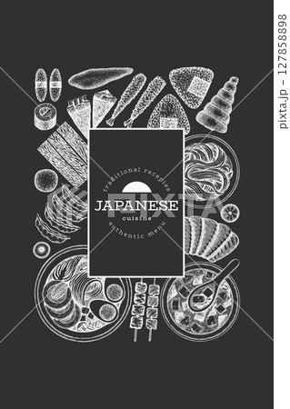 Japanese Cuisine Vector Design Template. Asian Dishes Chalk Board Hand Drawn Background. Retro Japan Traditional Food Illustration. 127858898