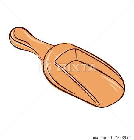 Hand drawn illustration of a wooden scoop isolated on white background for measuring spices flour or grain. Perfect for cooking theme, kitchen utensil and food preparation visual. Hand drawn illustration of a wooden scoop isolated on white background for measuring spices flour or grain. Perfect for cooking theme, kitchen utensil and food preparation visual. 127858952