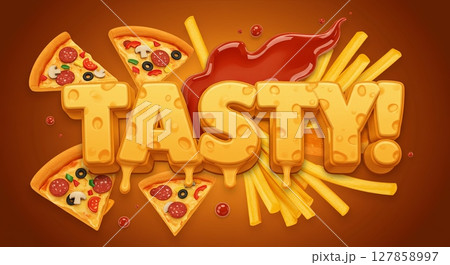 Tasty feast with pizza, french fries, and ketchup design for restaurant decor 127858997