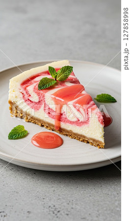 Delicious raspberry swirl cheesecake slice with fresh mint garnish on plate for dessert 127858998