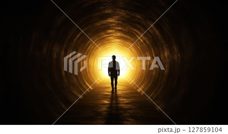 Silhouette of a person walking toward bright light in mysterious tunnel 127859104