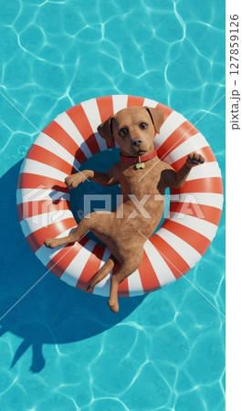 Relaxed dog floating in inflatable ring in sunlit pool for summer fun theme 127859126