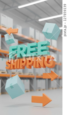 Free shipping concept with floating cubes in warehouse environment Free shipping concept with floating cubes in warehouse environment 127859139
