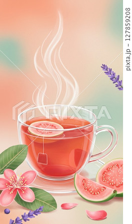 Aromatic herbal tea with guava and floral elements for relaxation and wellness 127859208