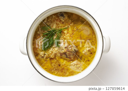 Thick German delicious soup with meat 127859614