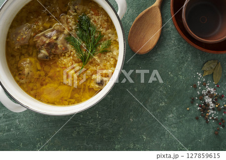Thick German delicious soup with meat 127859615