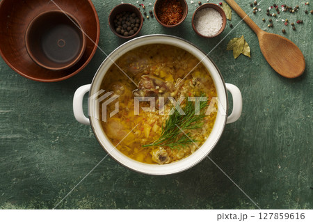 Thick German delicious soup with meat 127859616