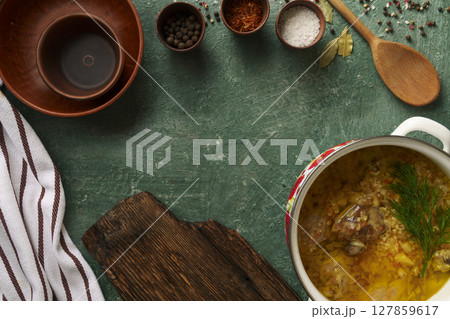 Thick German delicious soup with meat 127859617
