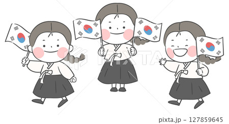 An illustration of a girl holding the Korean national flag 127859645