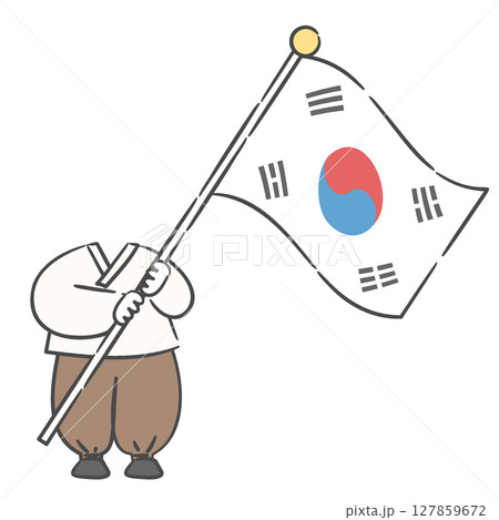 A character in old Korean attire holding the national flag, with a face cutout 127859672