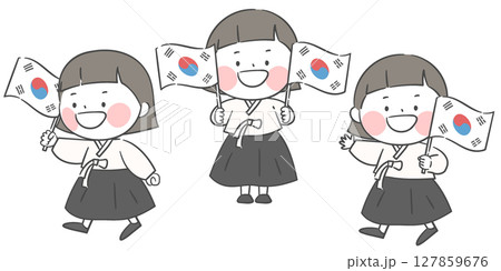 An illustration of a girl holding the Korean national flag 127859676
