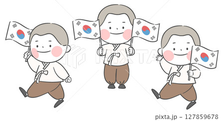 An illustration of a boy holding the Korean national flag 127859678