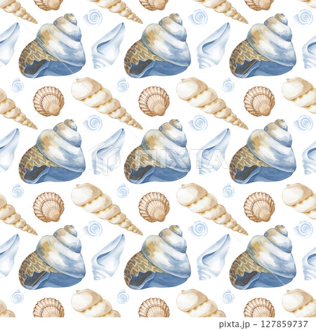 Watercolor seamless pattern with seashells on a white background. Watercolor illustration. Seamless background. For wallpaper design, packaging, wrapping paper, scrapbooking. 127859737