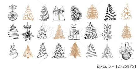 Christmas tree, ball set. Hand drawn illustration. Christmas tree, ball set. Hand drawn illustration. 127859751