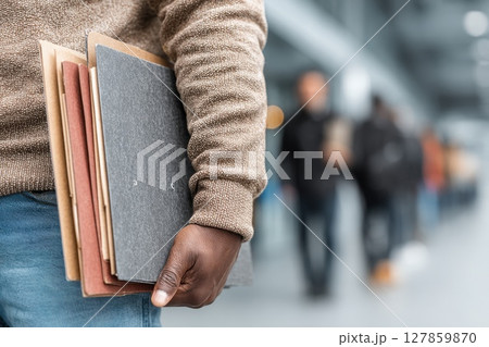 Person Waiting in Minimal Office Setting with Files in Hand, View from Back in Urban Environment 127859870
