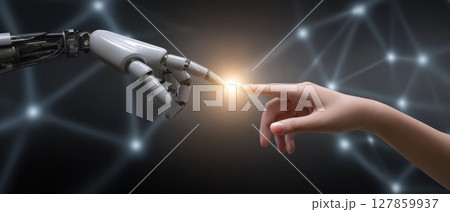 Close-Up of Robotic Hand Gently Touching Human Finger in Futuristic Background 127859937