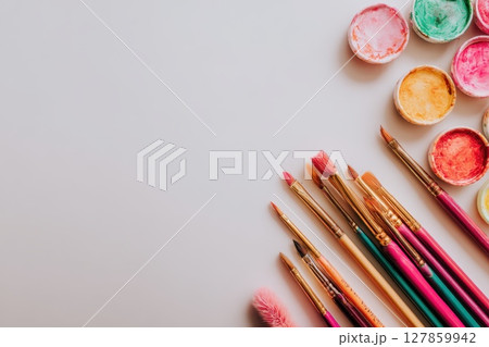 A row of paintbrushes and tubes of paint are arranged on a white background A row of paintbrushes and tubes of paint are arranged on a white background 127859942