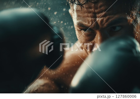 Intense Boxer Dodging a Punch with Sweat Flying in a Dramatic Boxing Environment Intense Boxer Dodging a Punch with Sweat Flying in a Dramatic Boxing Environment 127860006
