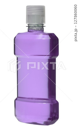 Plastic bottle with purple mouthwash liquid and a translucent cap, isolated background Plastic bottle with purple mouthwash liquid and a translucent cap, isolated background 127860060