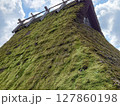 苔に覆われた茅葺き屋根と青空（日本の古民家） 127860198