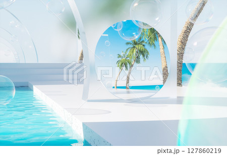 Summer swimming pool scene with a mirror reflection the sky. 3d rendering background 127860219