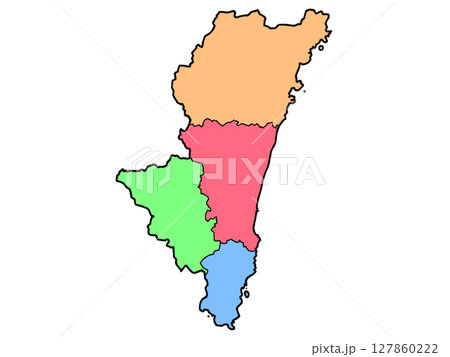 少しゆるい宮崎県地図 地域色分け 九州 127860222