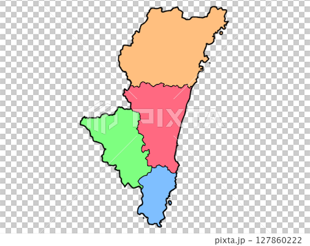 少しゆるい宮崎県地図 地域色分け 九州 127860222