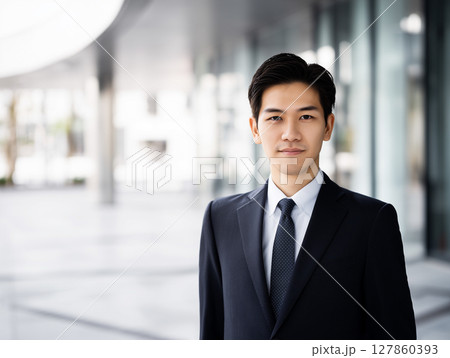 AI生成画像　オフィスビルの前に立つ若いビジネスマンのポートレート 127860393