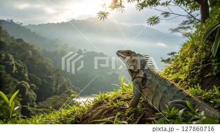 the dinosaur is walking on the mountain 127860716