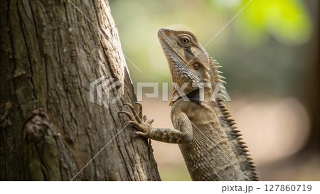 close up picture of a iguana on the tree 127860719