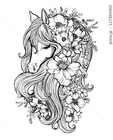 Horse head with a luxurious mane decorated with flowers, coloring for adults, boho tattoo, vector hand drawing isolated on white background. Vintage Poster. 127860902