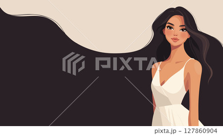 Beautiful young woman with long hair modern background, poster for beauty salon, hair care, cosmetics and makeup. Girl model in white dress. Flat vector banner. Beautiful young woman with long hair modern background, poster for beauty salon, hair care, cosmetics and makeup. Girl model in white dress. Flat vector banner. 127860904