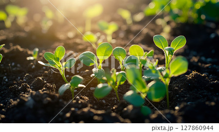 Sprouted plant seeds in the ground. Sprouts of seedlings Sprouted plant seeds in the ground. Sprouts of seedlings 127860944