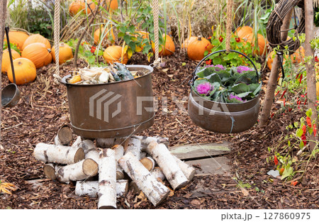Halloween decorations with cauldron over fire in the garden 127860975
