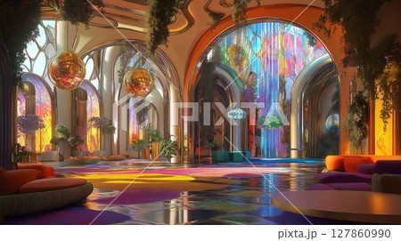 Grand hall with archways and colorful stained glass. Luxurious interior design. 127860990