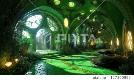 Lush green elven hall with glowing light and organic architecture. 127860993